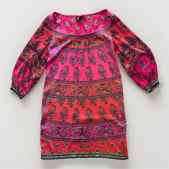 Hale Bob Dress Tunic S Women's Red Pink Silk Floral Stretch Boho Party Dressy - Picture 1 of 9